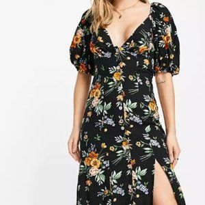 Black and orange floral button up puff sleeve dress worn once US size 8